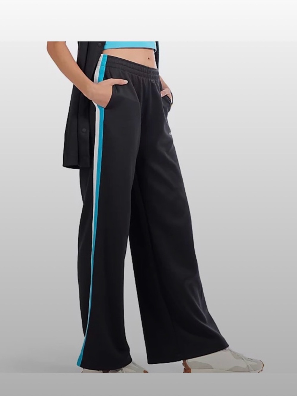 STAUD x New Balance Black Wide-Leg Track Pants with Turquoise Side Stripe